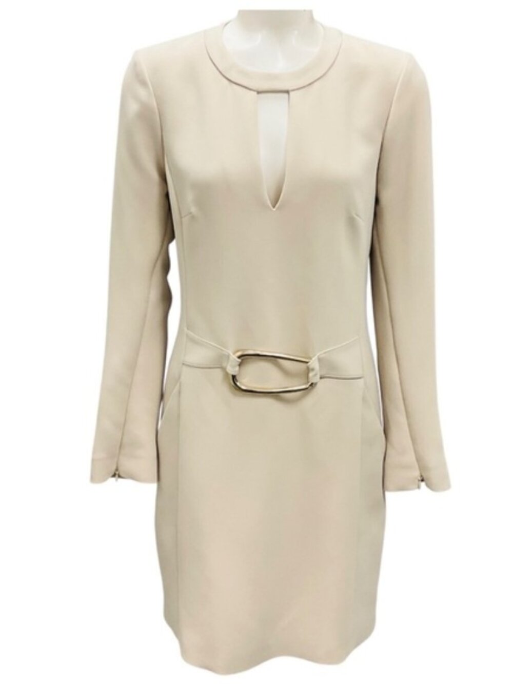 BARBARA BUI LIGHT BEIGE BUCKLE ADORNED DRESS WITH SLIT SLEEVES